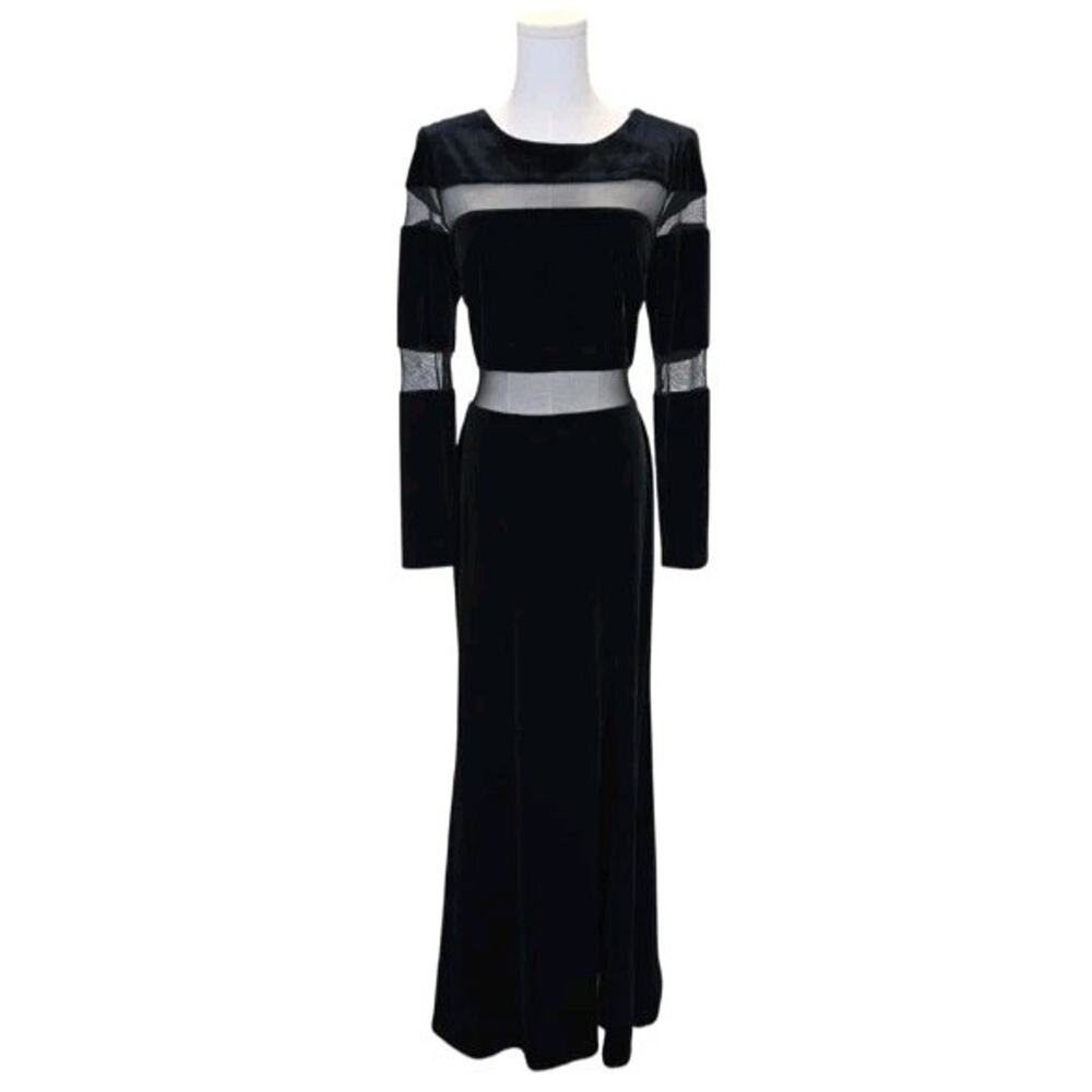 Betsy & Adam Black Velvet Gown 12 Sheer Mesh Illusion Maxi Dress Goth Glam 8265